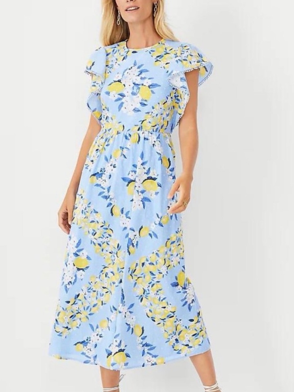 Blue Lemon-Print Flutter Sleeve Midi Dress